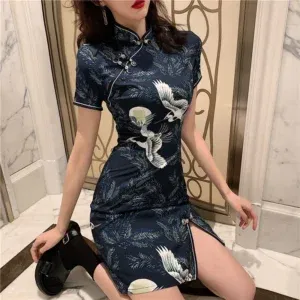 2021 Chinese Dress for Women Elegant Vintage Print Crane Qipao Dress Vestidos Sexy Party Wedding Split Cheongsam Dresses Quipao