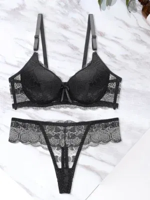 Women s Floral Lace Lingerie Set Sheer Mesh Seductive Babydoll Push up Bra and Panty 2 Pcs Set with Garter Belt