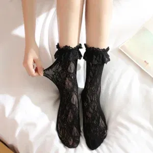 1pair=2pcs Sexy Lace Mesh Cute Lolita Socks Mixed Fiber Stretch Elasticity Ankle Net Yarn Thin Women Japanese Hollow Out Socks