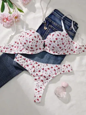 Ladies Summer 2-Piece Set Casual Bra Ensemble including Stripe Cherry Print Comfortable Home Leisure Outfit