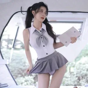 cute Sexy School Girl Cosplay Outfit Erotic College Uniform Kawaii bodysuit and Pleated Skirt Japanese Hot Student Role Play Set