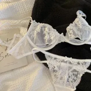 Erotic Sexy Lace Hollowing Bra Set French Thin Section Gathered Underwear Gathered Collect Side Breasts Anti-Sagging Bra Set