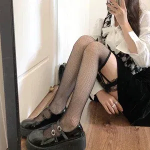 Women Lace Stocking Lingerie Thigh High Over Knee Butterfly Knot Nylon Stockings Transparent Black Female Mesh Fishnet Socks