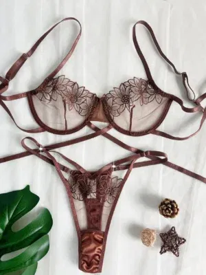 High-End Floral Embroidered Underwire Bra Set, Women's Mesh Unlined Bra + Panties