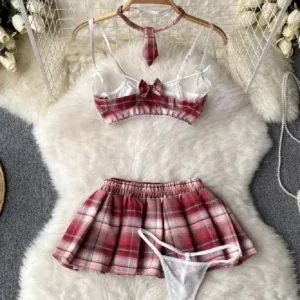 Cute Hollow Bra Plaid Miniskirt Roleplay Student Uniform Temptation Women Cosplay Schoolgirl Costumes Couples Sexy Home Clothing