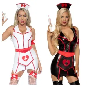 6 Pieces Women Nurse Deep V Neck Faux Leather Black White Short Dress With Apron Girl PU Sexy Lingerie Cosplay Costume Uniform