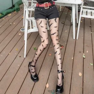 Personality Print Ladies Pantyhose Thin Sheer Black Bat Pattern Goth Punk Hottie Lolita Halloween Dark Style Nylon Tights