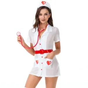 Women Adults Nurse Doctor Uniform Cosplay Costume Temptation Sexy Game Roleplay Dress Outfit with Belt And Hat