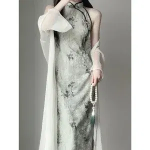 Qipao New 2024 New Improved Young Girl Summer Printing Sexy Dress New Chinese Hanging Neck Cheongsam With Cardigan Suit