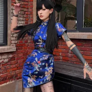 Plus Size Cheongsams Sexy Qipao Vintage Chinese Dress Dragon Phoenix Print Short Satin Gothic Streetwear Oriental Mini Dresses