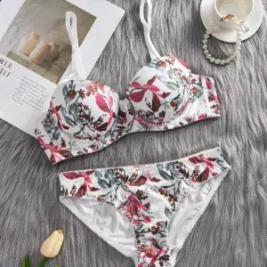 1 Set/Women Underwear Fashion Sexy Flower Printing Bra Set Underwire Push Up Brassiere Adjustable Strap Bras and Panties Set