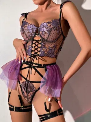 Ladies Lingerie Set with Embroidered Hollow Flower Patterns Cute Metal Charm Clips Uniform Style Apron Set for Sexy Costume Play