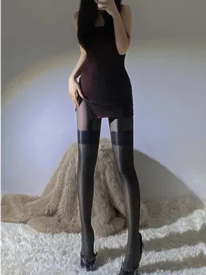 Exotic Summer Fashion Women's Silk Smooth Perspective Solid Color Oil Bright Pattern Tight Sexy Strap Long Tube Stocking 1I8A