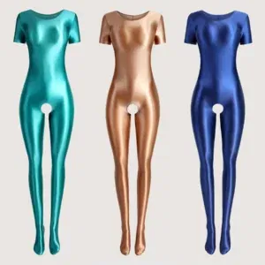 Sexy Satin Glossy Silky Crotchless Swimsuit Open Crotch Women One-piece Body Suit Tights Shiny Pantyhose Wetsuit Sports swimwear